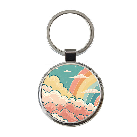Repeating Puffy Clouds Retro Cute Rainbow Round Metal Keychain