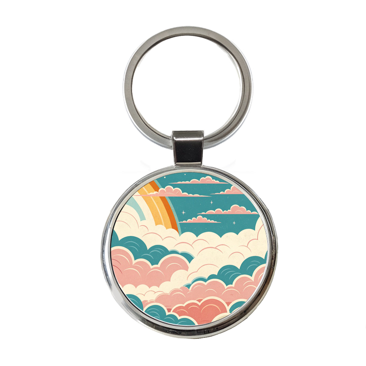 Repeating Puffy Clouds Retro Style Round Metal Keychain