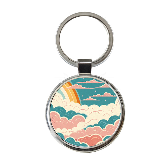 Repeating Puffy Clouds Retro Style Round Metal Keychain