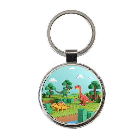 Retro 8 Bit Pixel Art Style Dinosaurs Roaming Round Metal Keychain