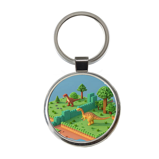 Retro 8 Bit Pixel Art Style Dinosaurs Round Metal Keychain