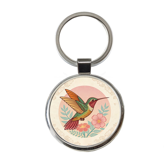 Retro Hummingbird Beautiful Round Metal Keychain