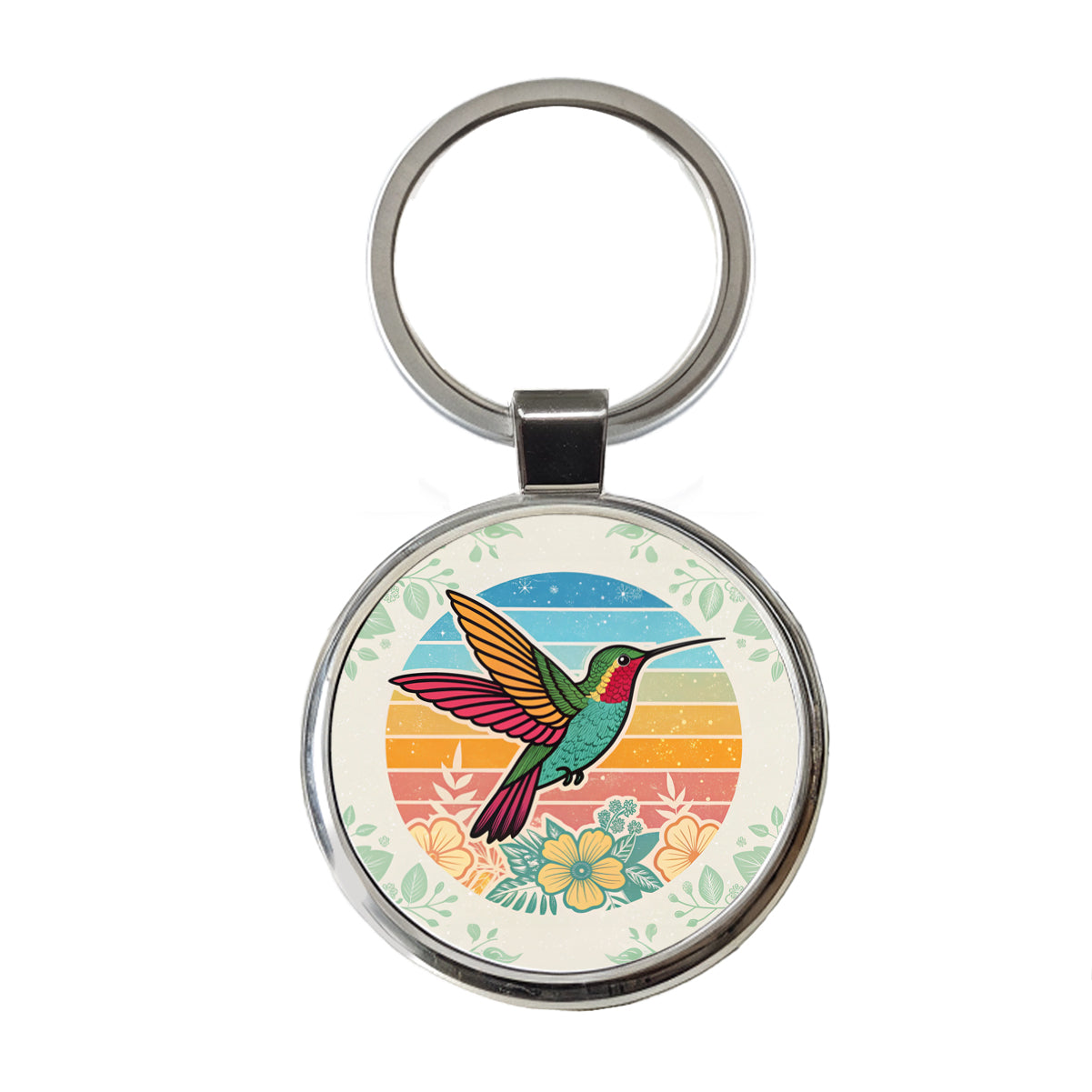Retro Hummingbird Colorful Round Metal Keychain