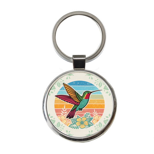 Retro Hummingbird Colorful Round Metal Keychain