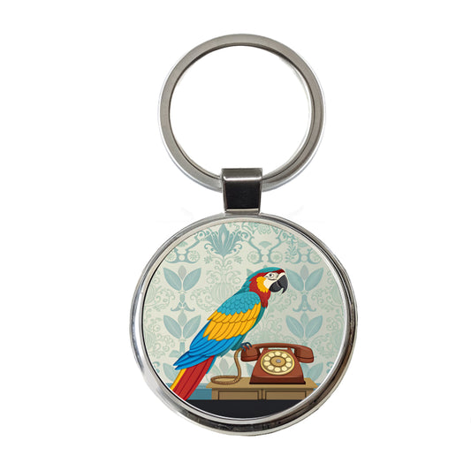 Retro Macaw Colorful Bird Round Metal Keychain