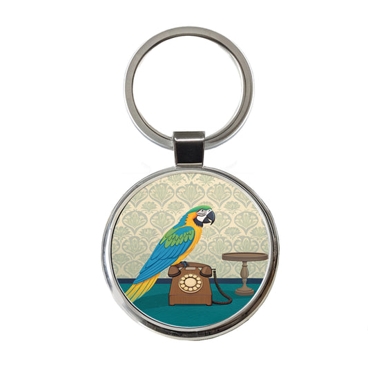 Retro Macaw Phone Bird Round Metal Keychain