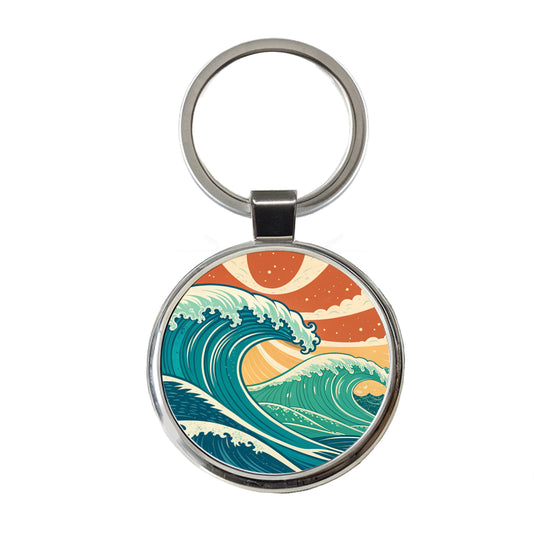 Retro Ocean Waves Colorful Drawing Round Metal Keychain