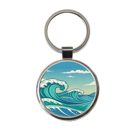 Retro Ocean Waves High Surf Round Metal Keychain