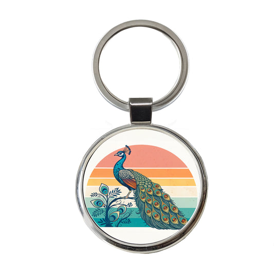 Retro Peacock Sun Round Metal Keychain
