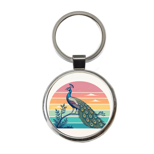 Retro Peacock Round Metal Keychain