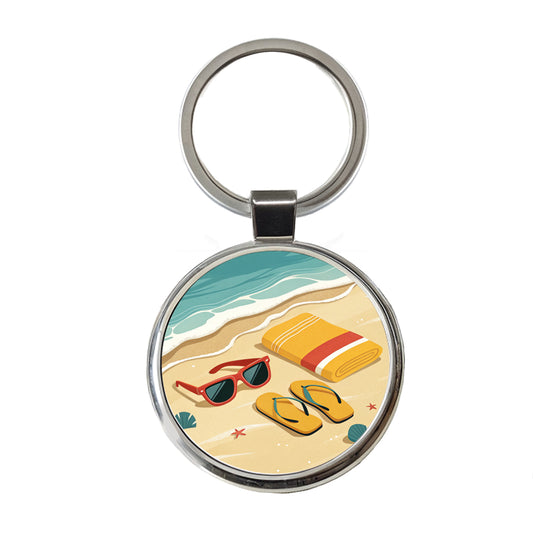 Retro Style Sunglasses Flip Flops Towel On Sandy Beach Round Metal Keychain