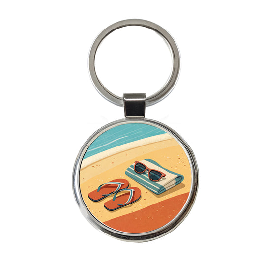 Retro Sunglasses Flip Flops Towel On Sand Beach Ocean Round Metal Keychain