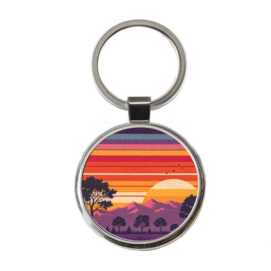 Retro Sunset Stripes Mountains Round Metal Keychain
