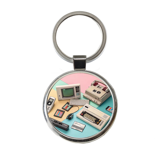 Retro Technology Collage Computer Round Metal Keychain