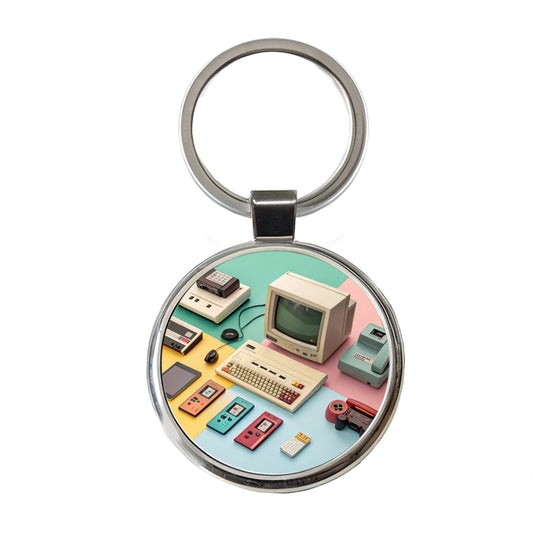 Retro Technology Device Computer Collage Round Metal Keychain