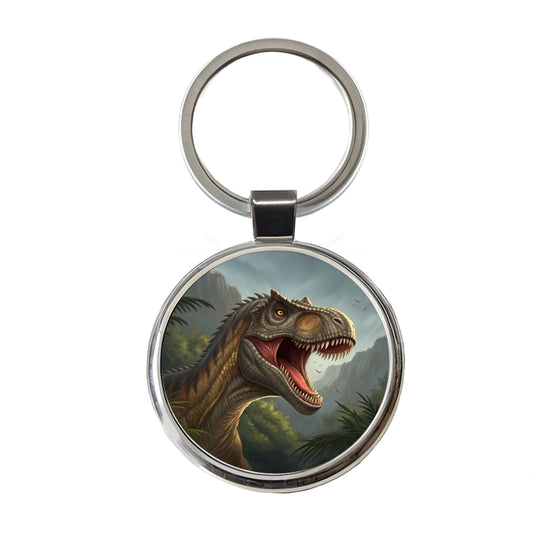 Roaring Allosaurus Dinosaur Mountains Round Metal Keychain