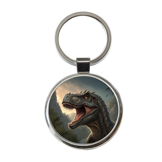 Roaring Allosaurus Dinosaur Round Metal Keychain