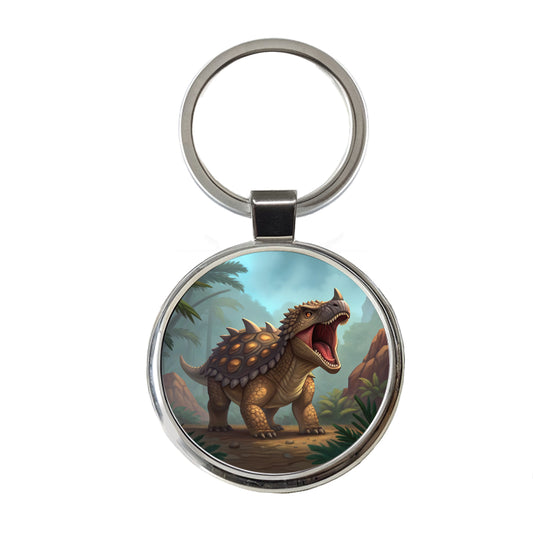 Roaring Ankylosaurus Dinosaur Mountains Round Metal Keychain