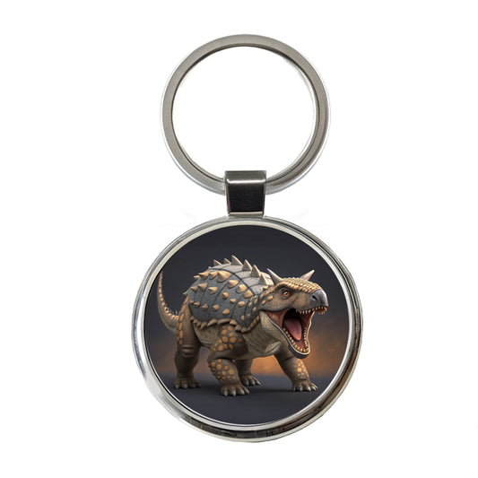 Roaring Ankylosaurus Dinosaur Round Metal Keychain