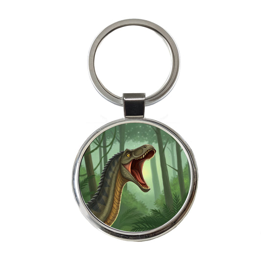 Roaring Apatosaurus Dinosaur Forest Round Metal Keychain