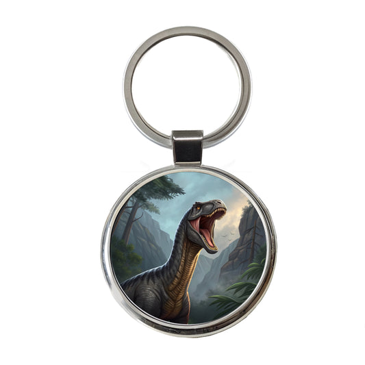 Roaring Argentinosaurus Dinosaur Mountains Round Metal Keychain