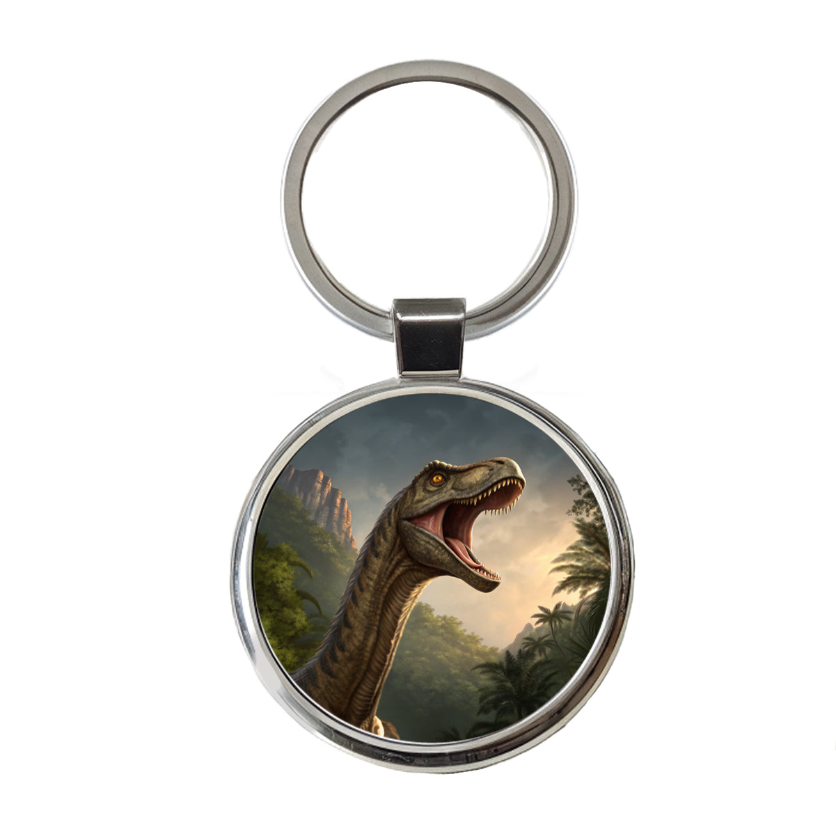 Roaring Brachiosaurus Dinosaur Forest Round Metal Keychain