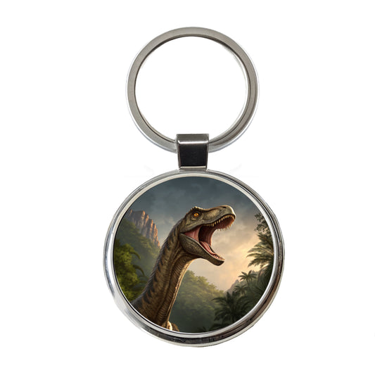 Roaring Brachiosaurus Dinosaur Forest Round Metal Keychain
