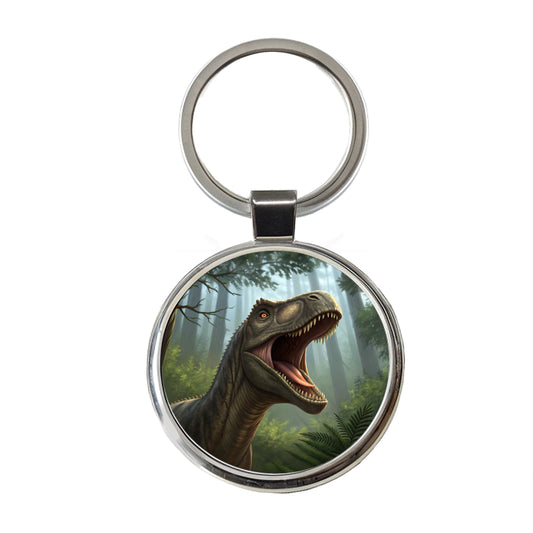 Roaring Brontosaurus Dinosaur Forest Round Metal Keychain