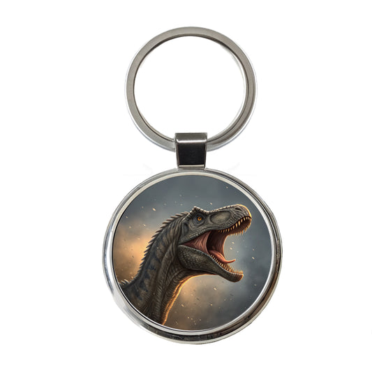 Roaring Brontosaurus Dinosaur Round Metal Keychain