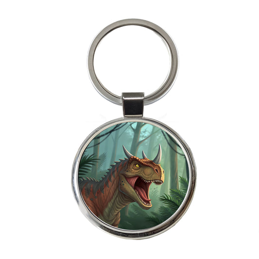 Roaring Carnotaurus Dinosaur Round Metal Keychain