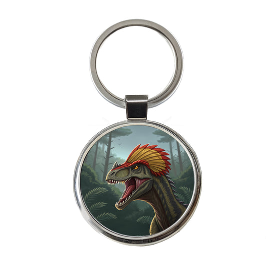 Roaring Dilophosaurus Dinosaur Scary Round Metal Keychain