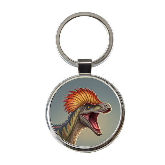 Roaring Dilophosaurus Dinosaur Round Metal Keychain