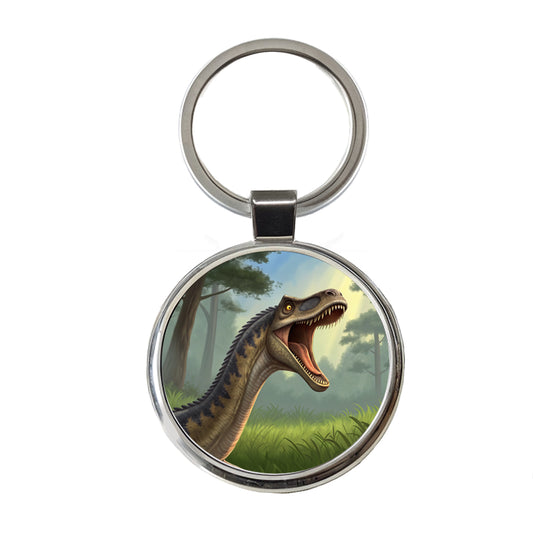 Roaring Diplodocus Dinosaur Forest Round Metal Keychain