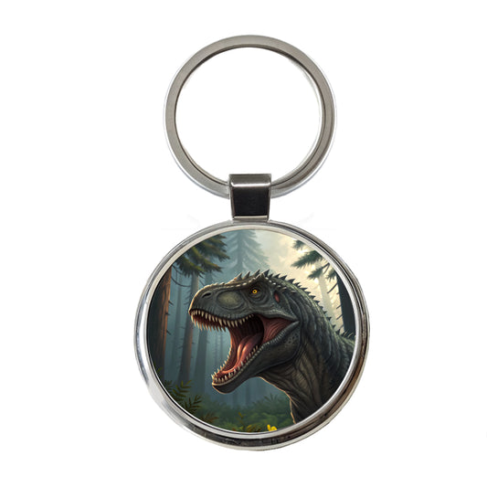 Roaring Giganotosaurus Dinosaur Round Metal Keychain