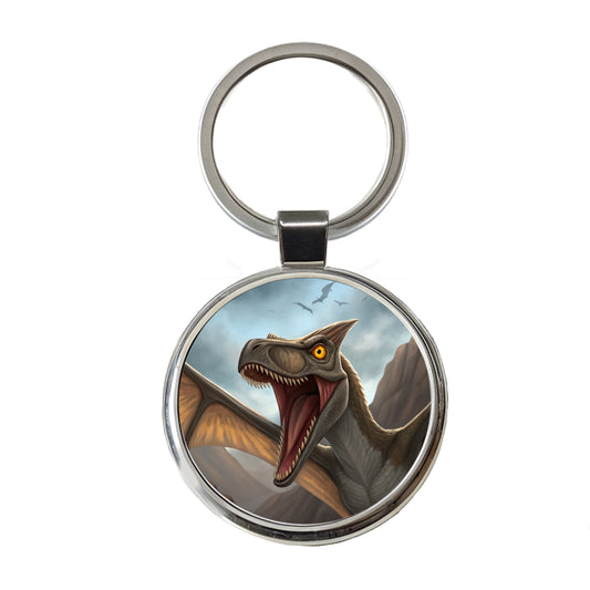 Roaring Pterodactylus Dinosaur Flying Round Metal Keychain