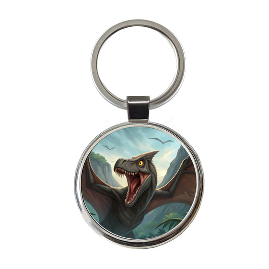 Roaring Pterodactylus Dinosaur Round Metal Keychain