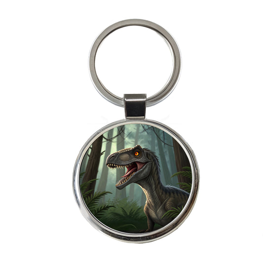 Roaring Raptor Dinosaur Forest Round Metal Keychain