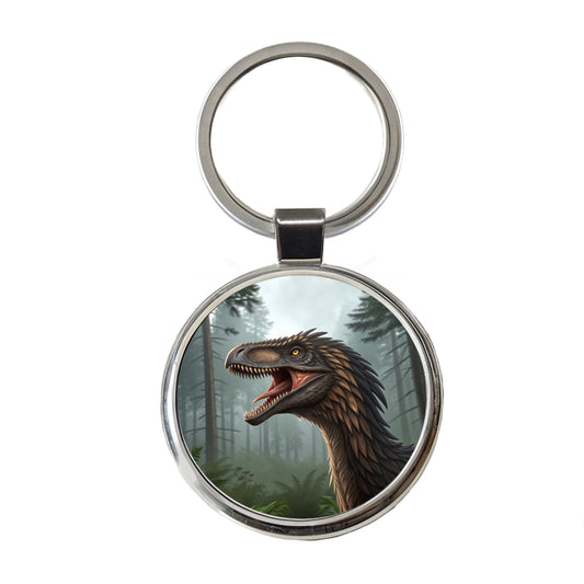 Roaring Raptor Dinosaur Round Metal Keychain