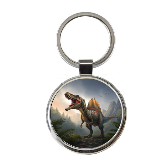Roaring Spinosaurus Dinosaur Mountains Round Metal Keychain
