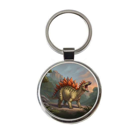 Roaring Stegosaurus Dinosaur Mountain Round Metal Keychain