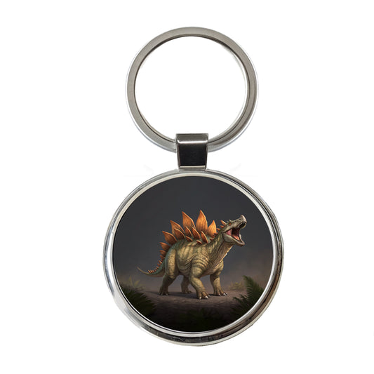 Roaring Stegosaurus Dinosaur Protective Round Metal Keychain