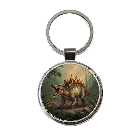 Roaring Stegosaurus Dinosaur Scary Round Metal Keychain