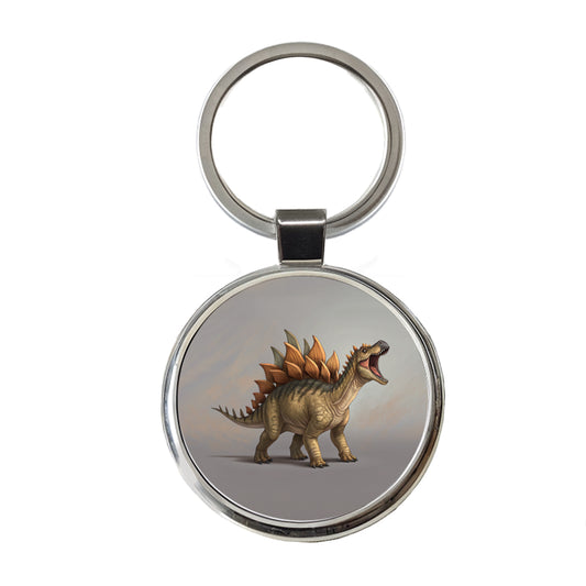 Roaring Stegosaurus Dinosaur Round Metal Keychain