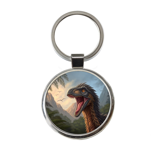 Roaring Therizinosaurus Dinosaur Jungle Round Metal Keychain