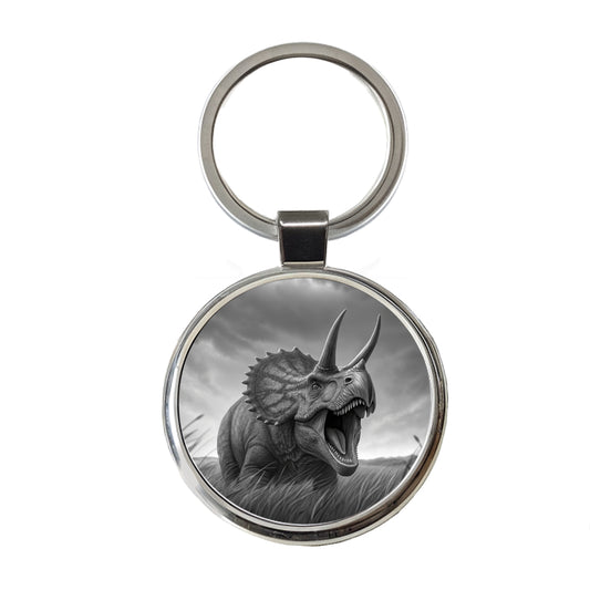 Roaring Triceratops Dinosaur Gray Round Metal Keychain