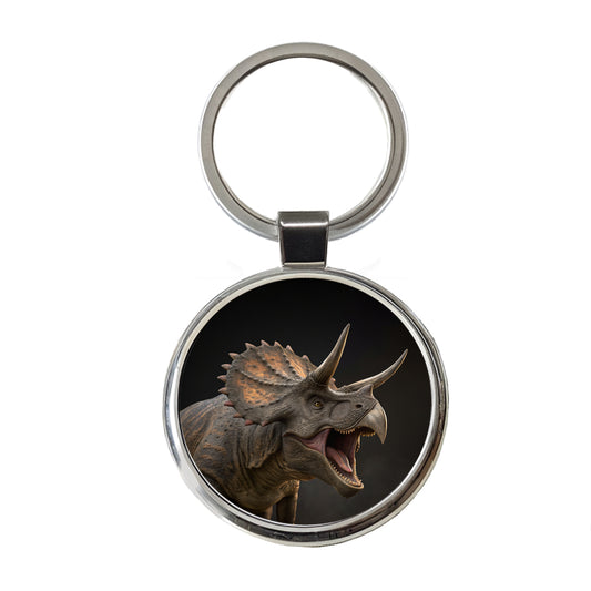 Roaring Triceratops Dinosaur Realistic Round Metal Keychain