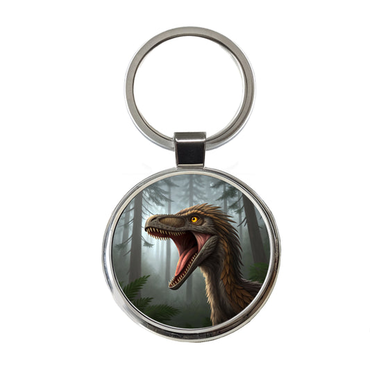 Roaring Troodon Dinosaur Forest Round Metal Keychain