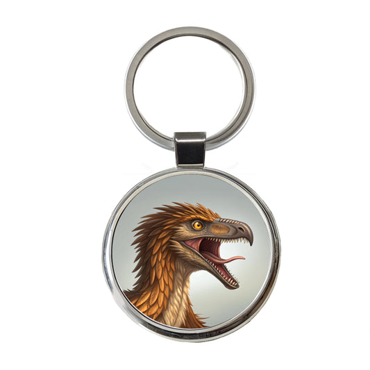 Roaring Troodon Dinosaur Round Metal Keychain