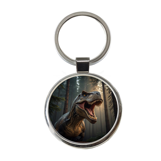 Roaring Tyrannosaurus Rex Dinosaur Round Metal Keychain
