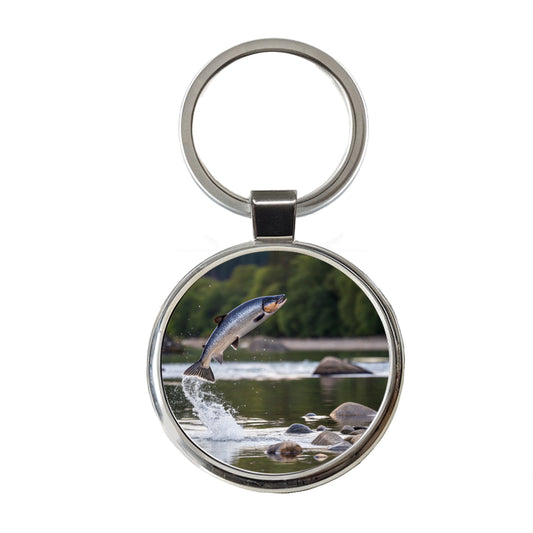 Salmon Fish Jumping Fishing Round Metal Keychain